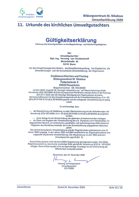 EMAS-Zertifizierung Gültigkeitserklärung, Bildungswerk Rosenheim im Bildungs- und Pfarrzentrum St. Nikolaus, Rosenheim